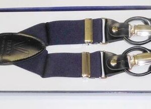 Mens Navy Convertible Suspender, Leather Button On or Clip On, 46" length to accommodate Big & Tall /Boxed / Import