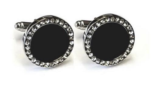 Black Cloisonne Center with Pave Crystals Around Outside Edge / 20mm Round Silver Links / Import