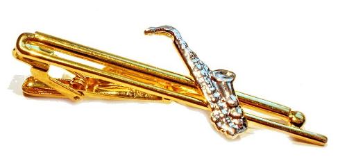 2.1/2 inch Tie Bar in Gold with a 1.1/4 inch Sax in Silver / Import/ Boxed