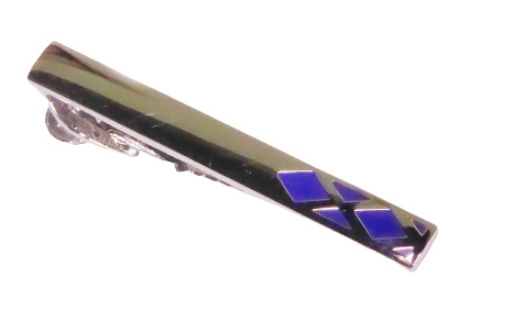 1 3/4 Inch / Polished Rhodium Finish Tie Bar / Dark Sapphire Blue Triangle Pattern /Import/ Gift Boxed