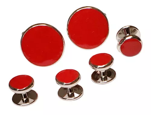Basic Round Silver Formal Set / 19mm links & 11mm Studs/ Red Epoxy Center/ Import / Gift Boxed  1