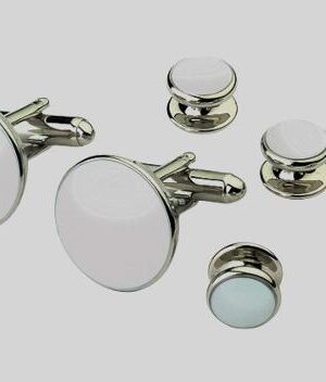 Basic Round Silver Formal Set/ White Epoxy Center / 19mm Links & 11mm Studs / Import / Gift Boxed