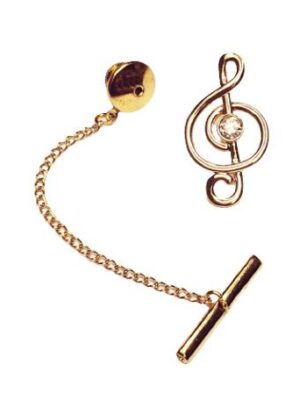 25mm tall 13mm wide Treble Clef Gold Tie Tack / Cubic Zercona center stone / Spring clip chain  guard/ Import / Gift Boxed