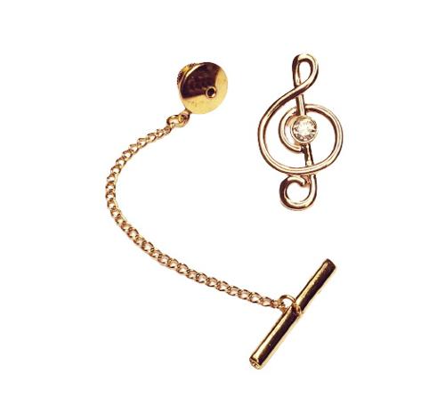 25mm tall 13mm wide Treble Clef Gold Tie Tack / Cubic Zercona center stone / Spring clip chain  guard/ Import / Gift Boxed