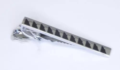 1.3/4 Inch Length Narrow withe Silver Tie Bar / stylized Diamond Black Pattern / Import / Gift Boxed