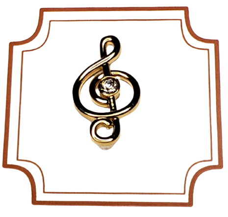 1 1/8 Inch Tall 5/8 Inch wide Musical Clef Gold Lapel Pin / 1/4k CZ center stone / Pinch Clip back/ Import / on Display Card