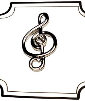 1 1/8 Inch Tall 5/8 Inch wide Musical Clef Rhodium Lapel Pin / 1/4k CZ center Stone / Display Card / Import