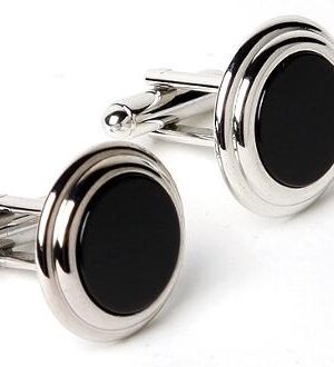 Genuine Onyx Center/ Double Tier Rim Silver Cuff Links/ Import/ Gift Boxed