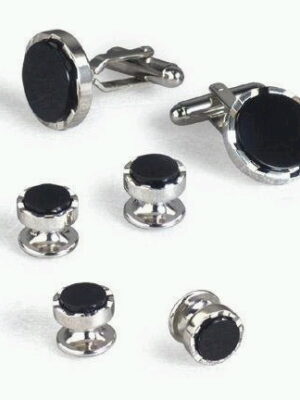 Genuine Onyx Stone / Castle Top Setting/ Silver Links & Studs /  Import / Gift Boxed