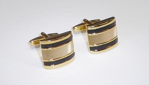 Fiber Optic Center Stone /Black Striped Trim / Rectangular Shape, Domed Lt. Gold CuffLinks/import