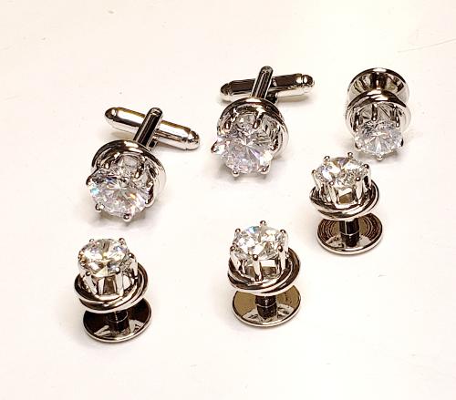 **New*  (3k) Cubic Zirconium Stone in the Cuff Links/13mm Love Knots setting / 8mm (2k) CZ Stone/ Set in a love knot setting /Silver Formal Set/ Import / Gift Boxed