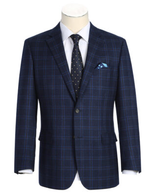 Men's Classic Fit Navy with Brown Heritage Check Wool Blend Suit Jacket