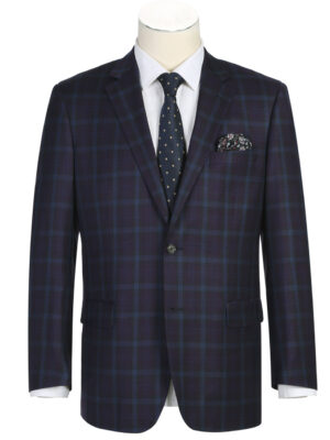 Men's Classic Fit 100% Wool Navy Windowpane Suit Jacket Blazer