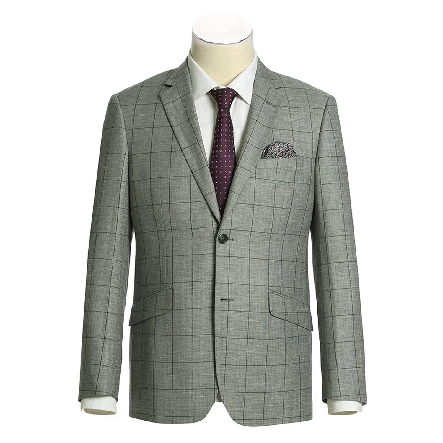Men's Slim Fit Notch Lapels Gray Windowpane Suits