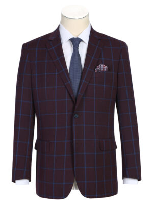 Men's Slim Fit Two Button Burgundy with Blue Check Blazer Sport Coat