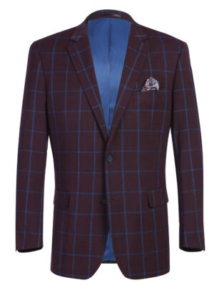Men's Slim Fit Two Button Burgundy with Blue Check Blazer Sport Coat