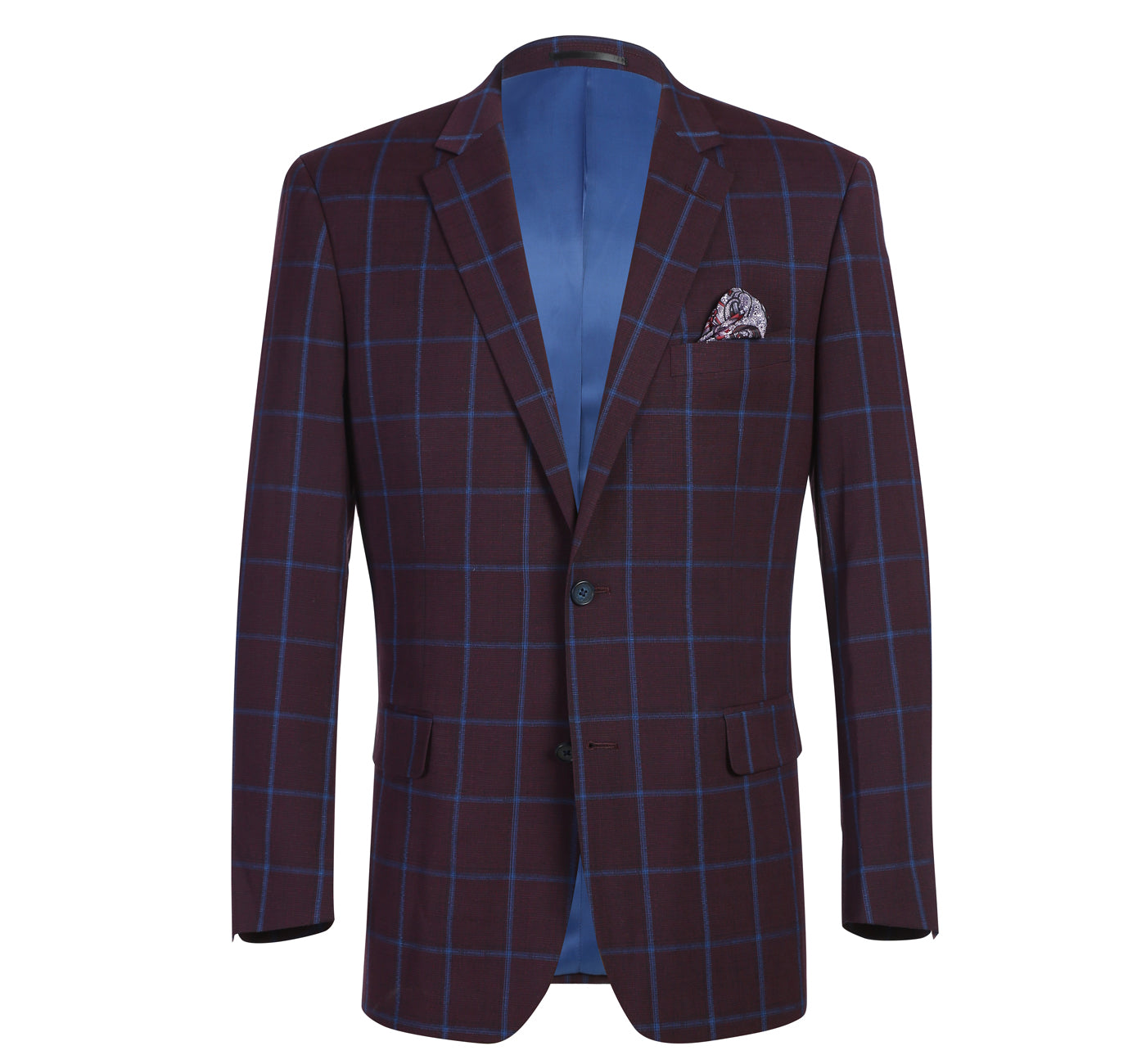 Men’s Slim Fit Two Button Burgundy with Blue Check Blazer Sport Coat 2