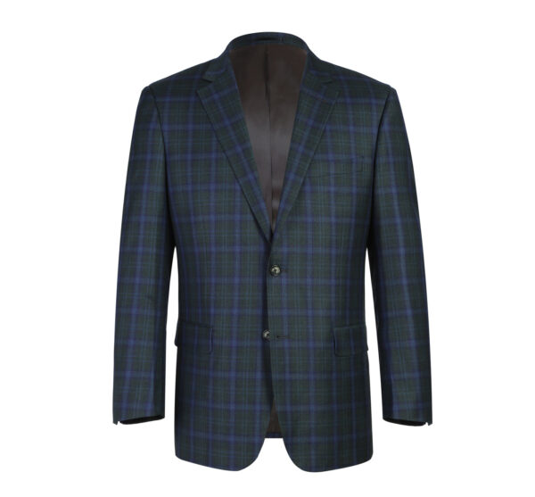 Men's Classic Fit 100% Wool Charcoal Grey & Blue Check Jacket with Notch Lapel
