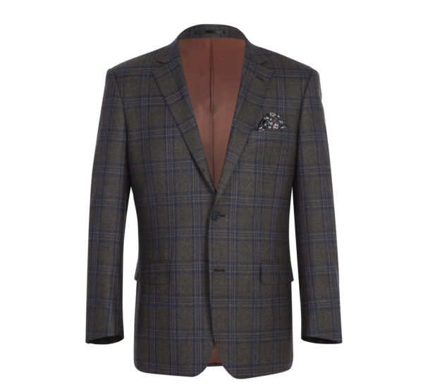 Men's Classic Fit 100% Wool Brown Windowpane Notch Lapel Sport Coat