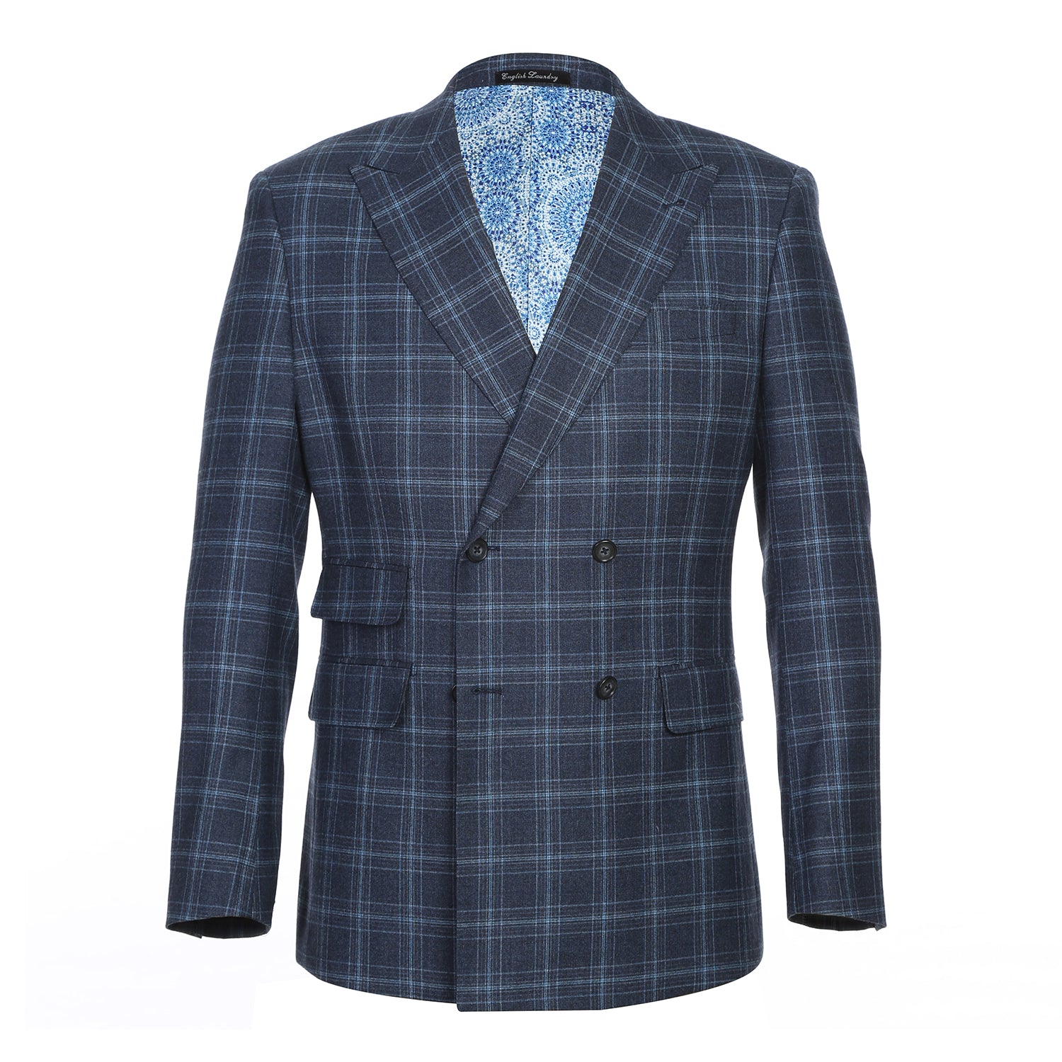 English Laundry Double-Breasted Mineral Blue Check Wool Blend Suit 2