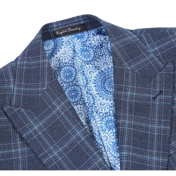 English Laundry Double-Breasted Mineral Blue Check Wool Blend Suit