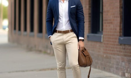 Man wearing a navy blazer with khaki chinos - smart casual outfit