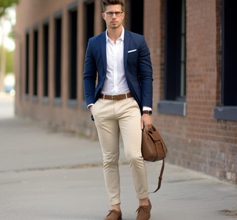 Man wearing a navy blazer with khaki chinos - smart casual outfit