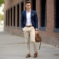 Man wearing a navy blazer with khaki chinos - smart casual outfit