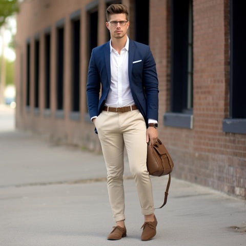 Man wearing a navy blazer with khaki chinos - smart casual outfit